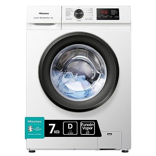 Hisense WFVB7012EM - Lavadora con Vapor, Carga Frontal 7 Kg, 1200 rpm, 15 Programas, Control de balanceo inteligente del tambor, Display LED, Programa rápido
